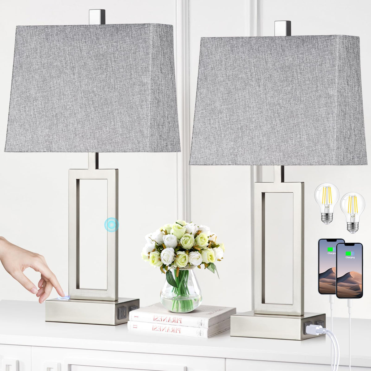 Rinweey Touch Control Table Lamps Set of 2, Modern Silver Bedside Lamps with USB A+C Ports & AC Outlet, 3 Way Dimmable Contemporary Nightstand Lamps for Bedroom Living Room(LED Bulb Included)