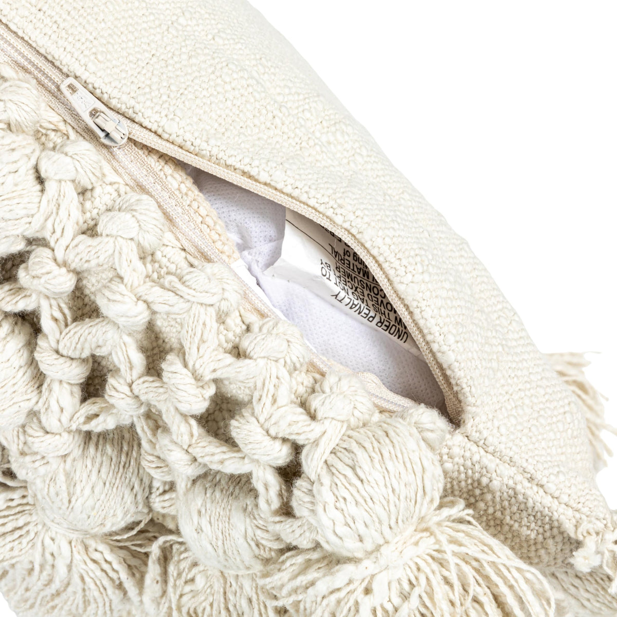 Creative Co-Op Cotton Slub Pillow with Crochet and Tassels, 1 Count (Pack of 1), Cream