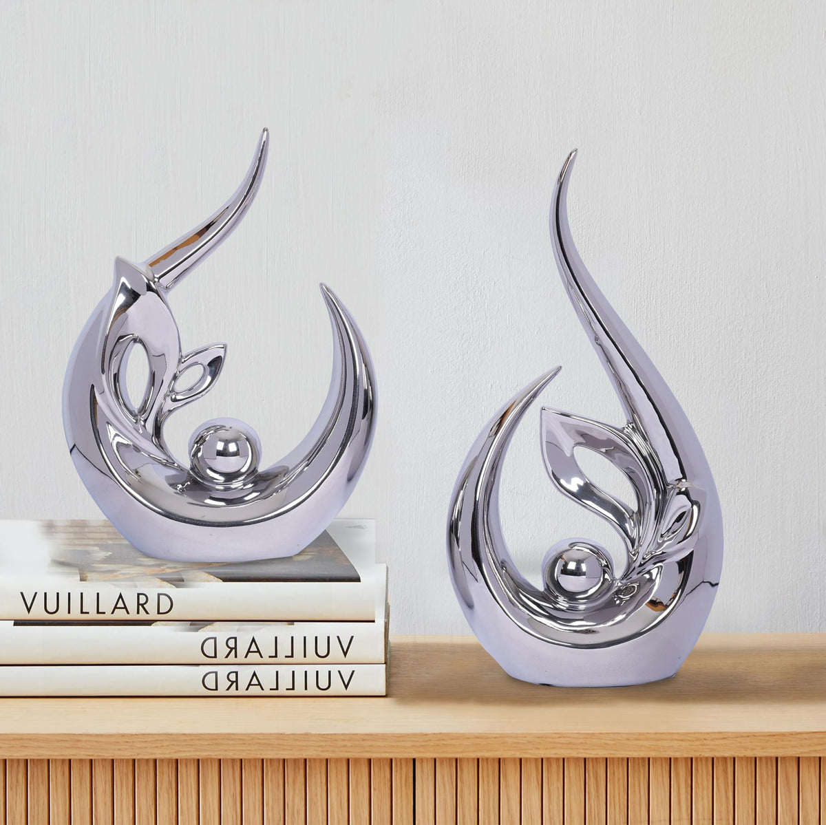 2 PCS Silver Decor Accent Ceramic Statue Abstract Sculptures Centerpieces Mid Century Modern Decor for Tables Coffee Table top Decorations for Living Room Desktop Shelf Dining Room Kitchen