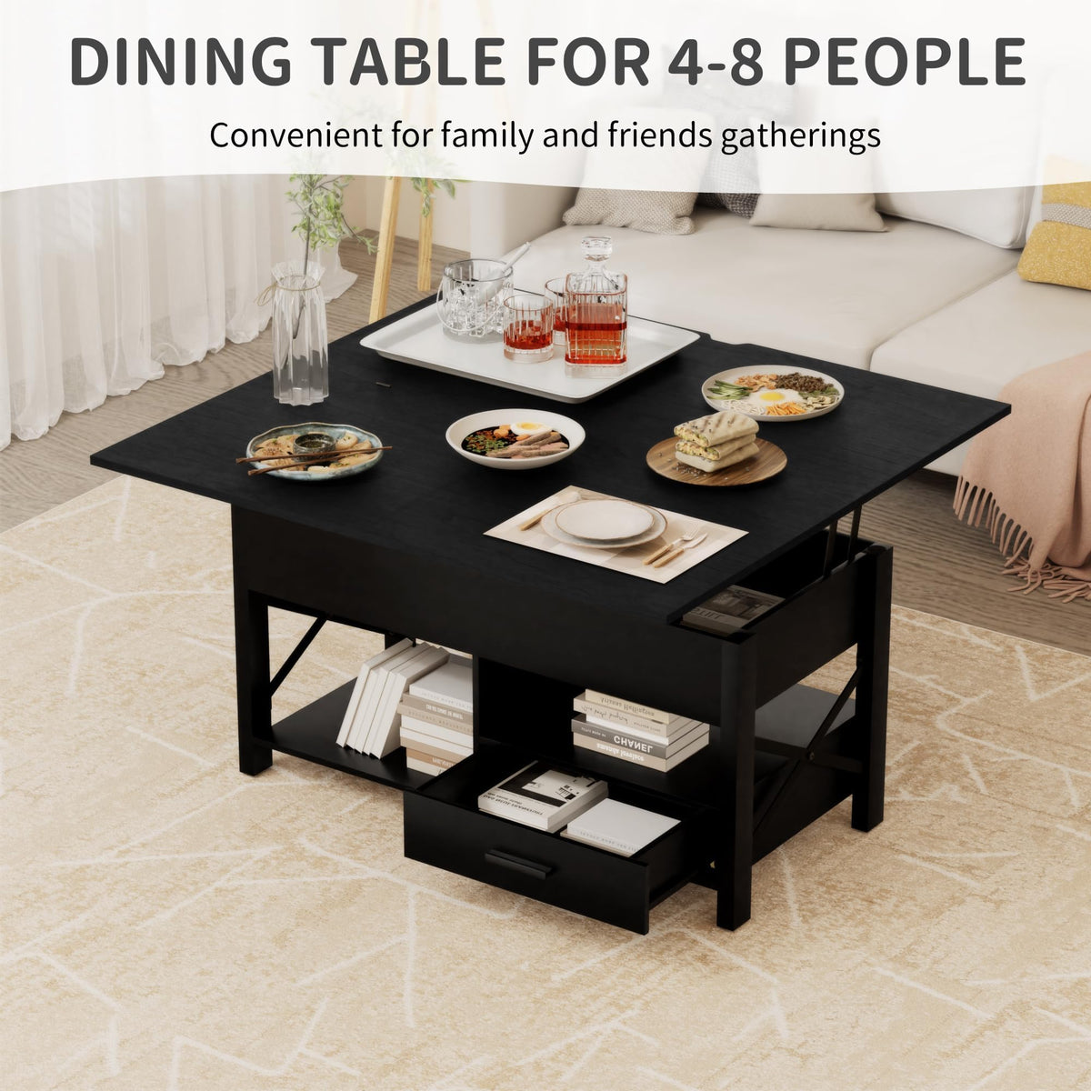 Lift Top Coffee Table with Storage, Black Lift Top Coffee Table with Drawers&Hidden Compartment, Multi-Functional Center Table, Convertible Coffee Tables into Dining Table for Home Living Room Office