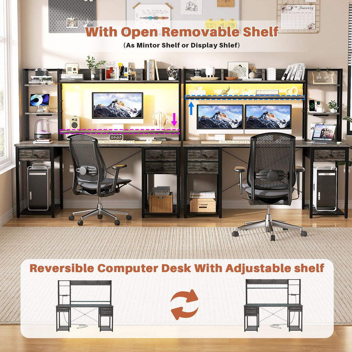 Aheaplus Gaming Desk With LED, Outlets, and Hutch - 55.2'' Computer Workstation With Drawers, Reversible Office Desk With Storage Bookshelf and Shelf - Large Home Desk, Black Oak