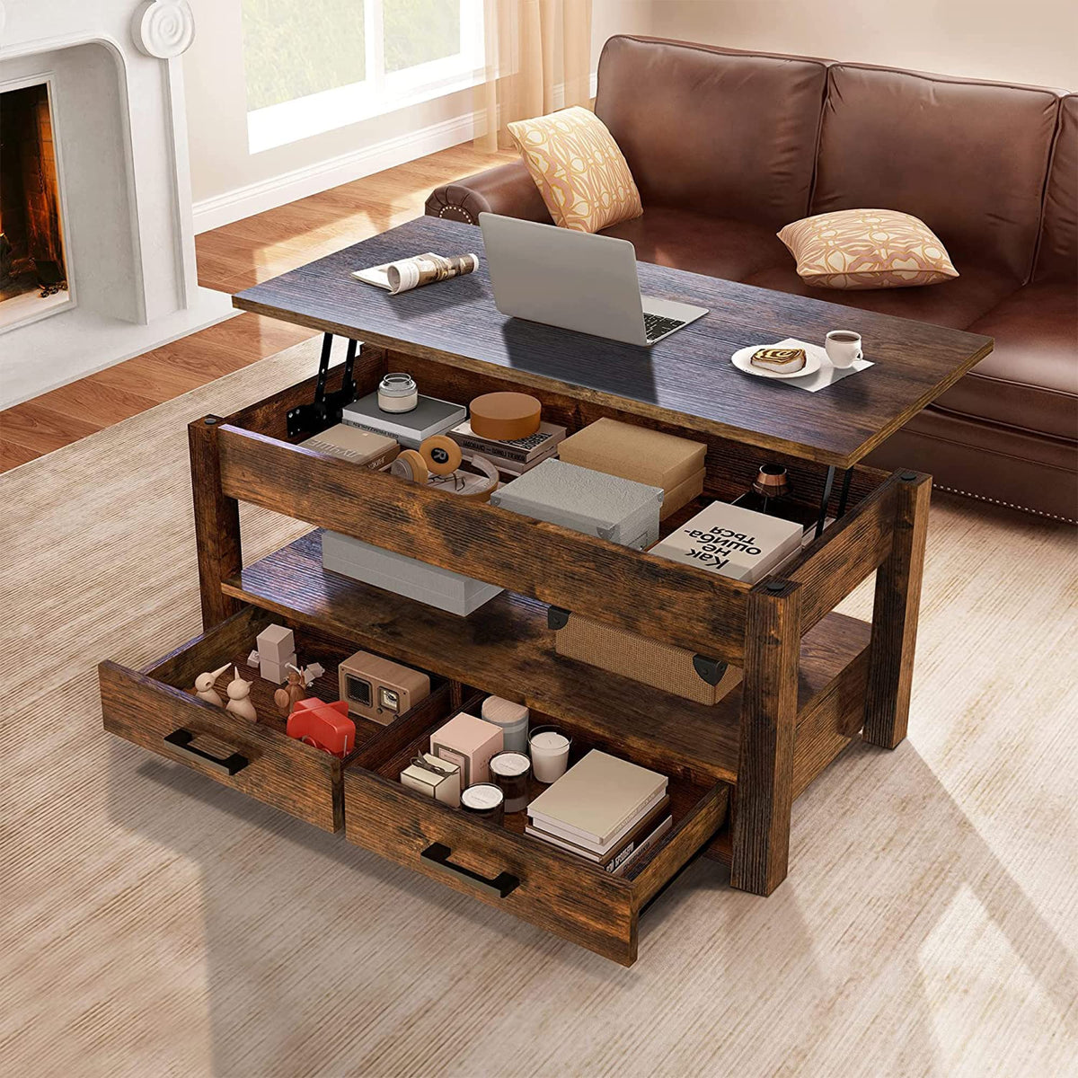 FABATO 41.7'' Lift Top Coffee Table with 2 Storage Drawer Hidden Compartment Open Storage Shelf for Living Room Dining Table Reception Room Rustic Brown