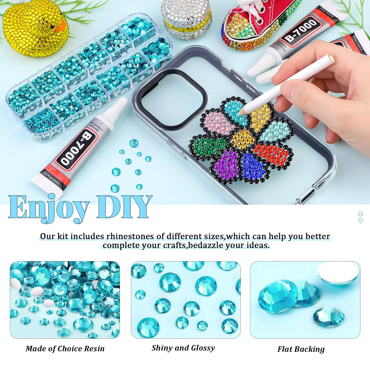 6000Pcs Resin Rhinestones for Bedazzling with 3Pcs B7000 Jewelry Glue, 1 Box Teal Blue Flatback Rhinestones for Crafting Crafts DIY, Crystals Gems for Clothing Shoes Tumblers Nail Art Makeup
