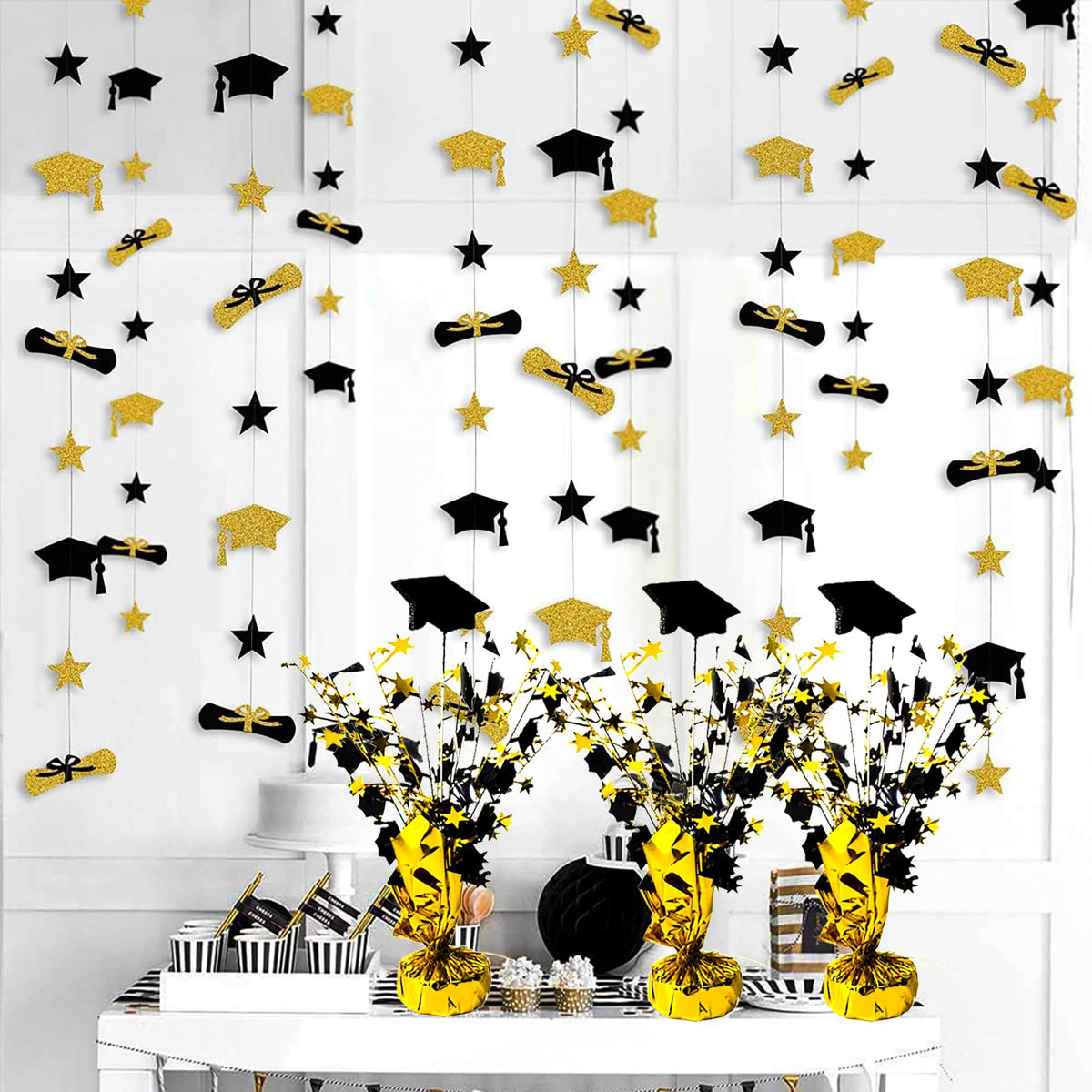 FUBININA 6 Pack 2025 Graduation Table Centerpiece Party Decoration Metallic Foil Spray Glitter Graduate Cap Decor Star Table Top for Graduation Parties Grad Ceremonies Party Favor, Black and Gold