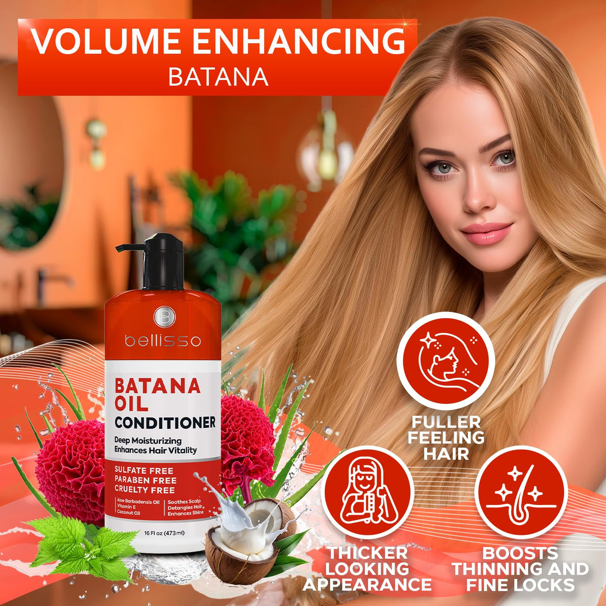BELLISSO Batana Oil Conditioner for Women and Men - Sulfate Free, Volumizing Treatment for Thinning Hair - Thickening, Volume Boost - 16 Fl Oz