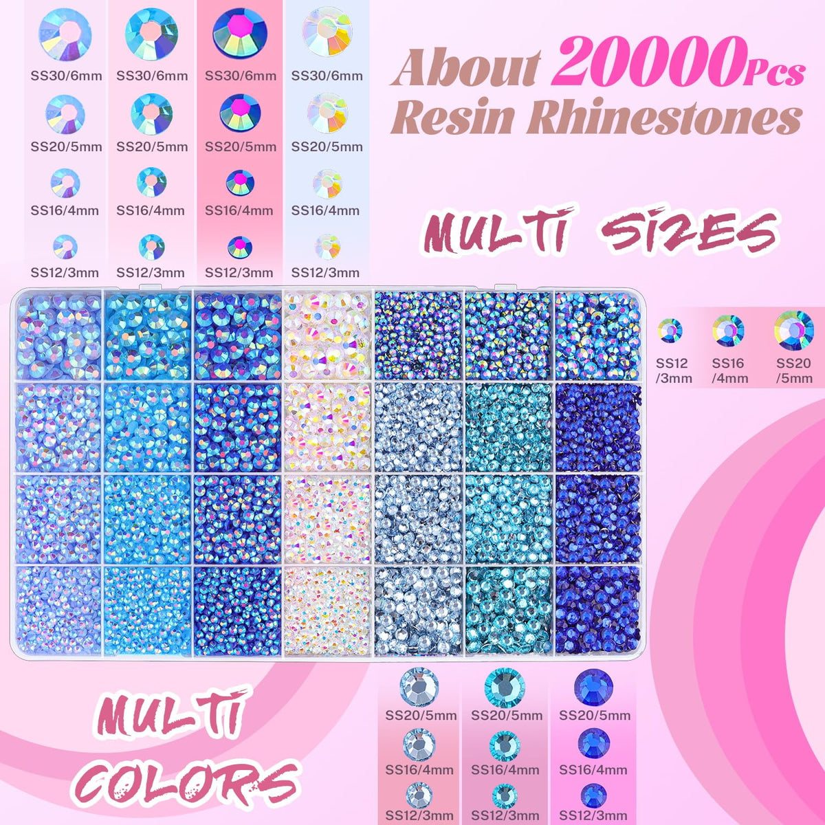 20000Pcs Blue Rhinestones for Bedazzling with 1Pcs B7000 Jewelry Glue, Resin Rhinestones for Crafting Crafts DIY, Bedazzler Kit Gems for Clothing Shoes Tumblers Nail Art Assorted Size 3/4/5/6mm