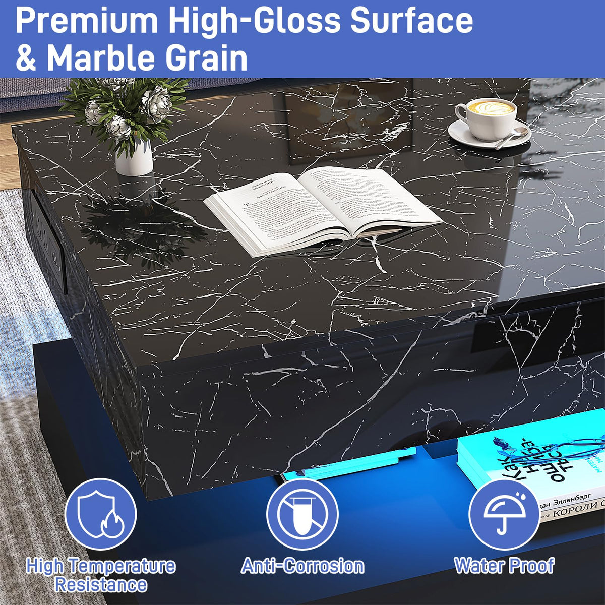 chartustriable 47.2" Large Lift Top Coffee Table with Charging Station, LED Modern High Glossy Center Table with Hidden Compartment Storage, White Lift Living Room Tables with Marbling Print, Black