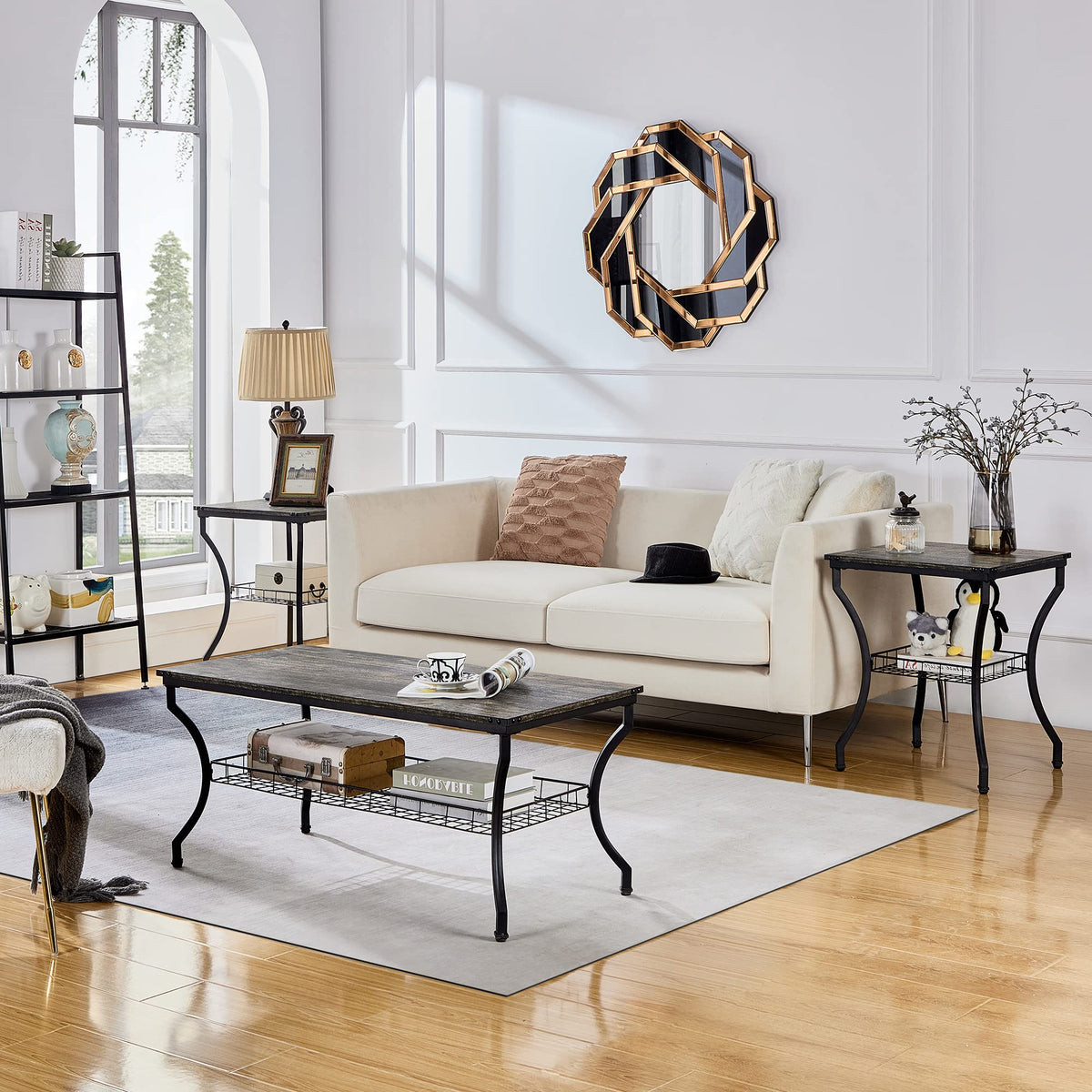 VECELO 3 Pieces Living Room Table Sets, Coffee and End Tables with Open Storage Shelves for Apartment, Home Office, Small Space, Easy Assembly, Grey Oak