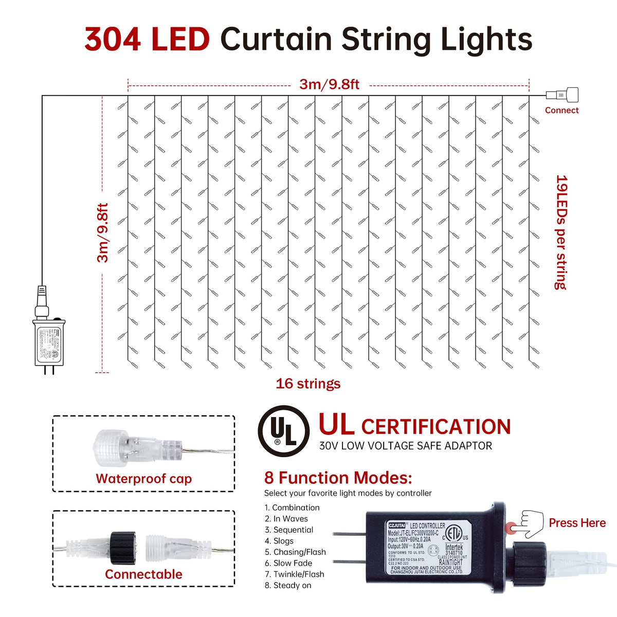 HEYFUNi Curtain Lights Plug in, 304 LED 9.8ftX9.8ft Window Light with Memory& 8 Modes, Connectable Waterproof Fairy Curtain Lights for Bedroom Backdrop Outdoor Indoor Dorm Decorations (Cool White)