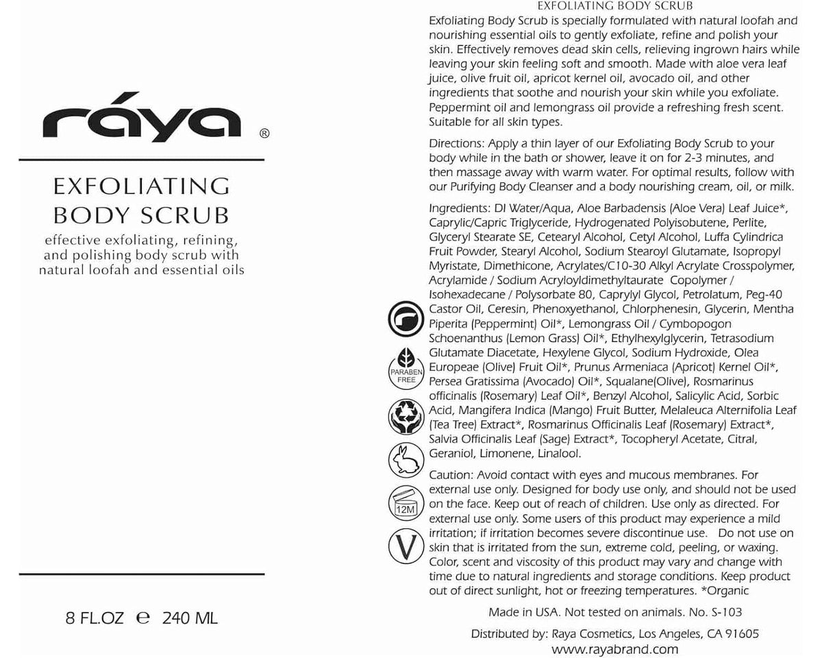 RAYA Exfoliating Body Scrub 16 oz (S-103) | Exfoliating, Refining, and Polishing Body Scrub | Made with Natural Loofah and Essential Oils | Relieves Ingrown Hairs