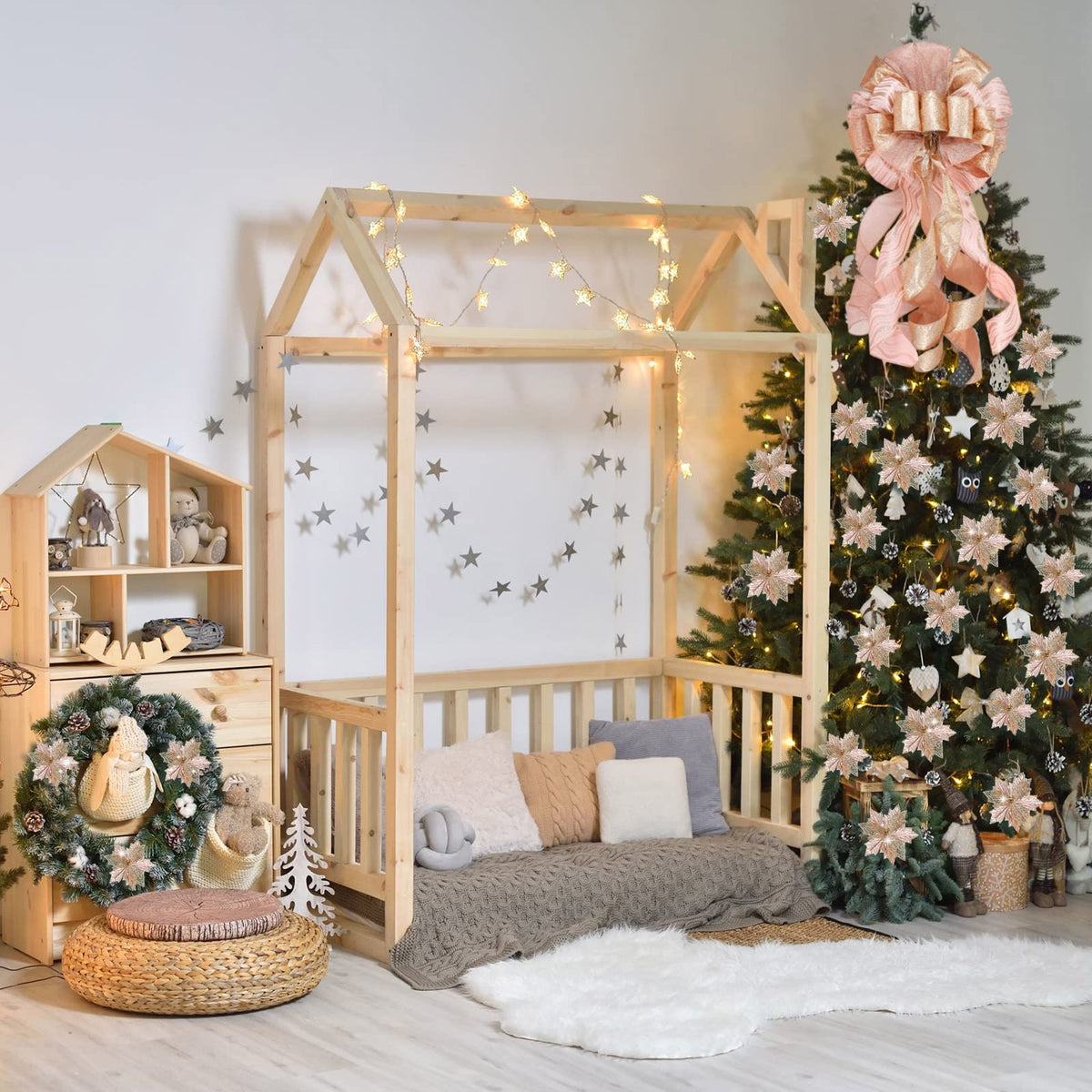 Syhood Christmas Tree Topper Decorations 34x12 Inch Large Christmas Bows Tree Ornaments and 24 Pcs Christmas Tree Flowers for Christmas Holiday Party Decorative(Rose Gold)