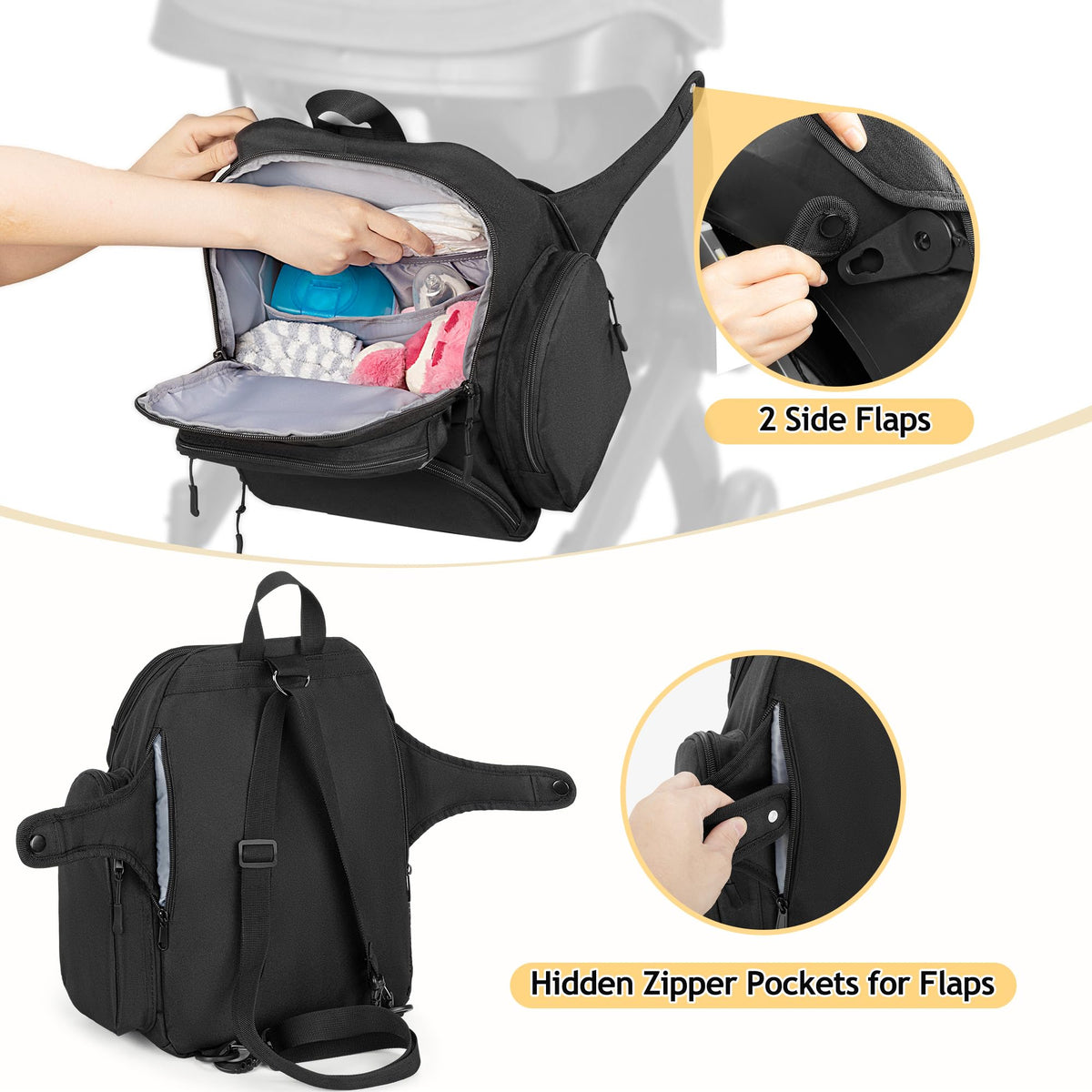 GRAOSO Baby Stroller Organizers Bag Compatible with Doona Infant Car Seat Baby Diaper Backpack, 2 Wings on the Sides Detachable Shoulder Strap, Black