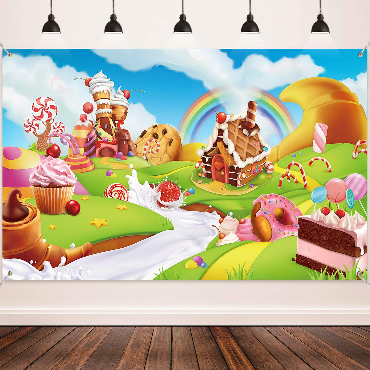 Blulu Candy Backdrop Birthday Party Banner, Christmas Large Fabric Sweet Donut Backdrop for Candy Party Decoration, Sweet Cartoon Landscape Baby Shower Background Photo Props, 72.8 x 43.3 Inch