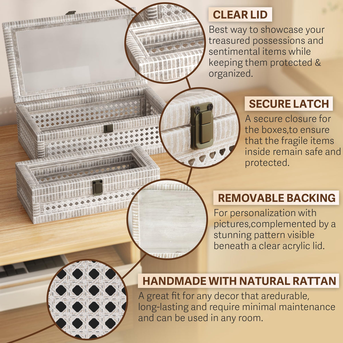 Fllamo Rattan Decorative Box,Boho Display Boxes with Lids,Set of 2 Rectangular Wicker Storage Decoration,Natural Woven Cane Bins for Home Decor for Rustic Farmhouse(White)