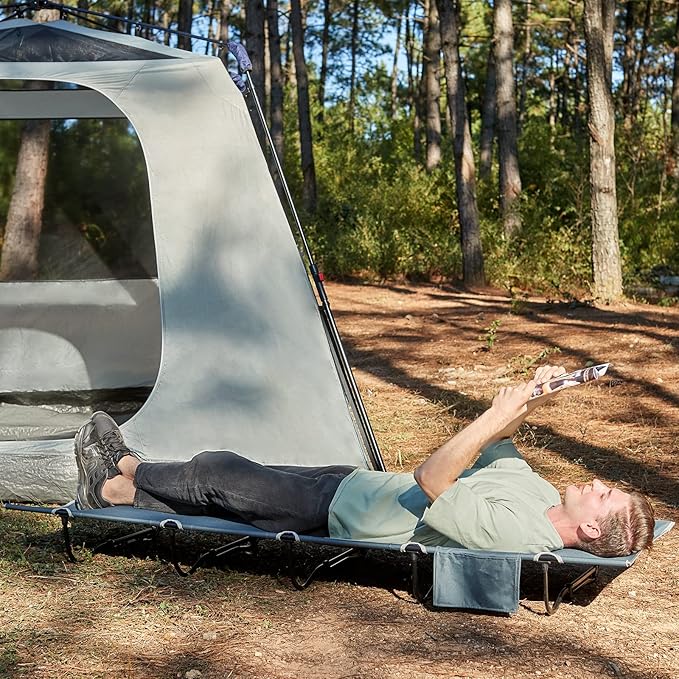 EVER ADVANCED Folding Camping Cot for Adults, Compact Sleeping Cots with Side Pocket, Portable Heavy Duty Foldable Camp Bed with Carry Bag for Outdoor, Travel, Grey