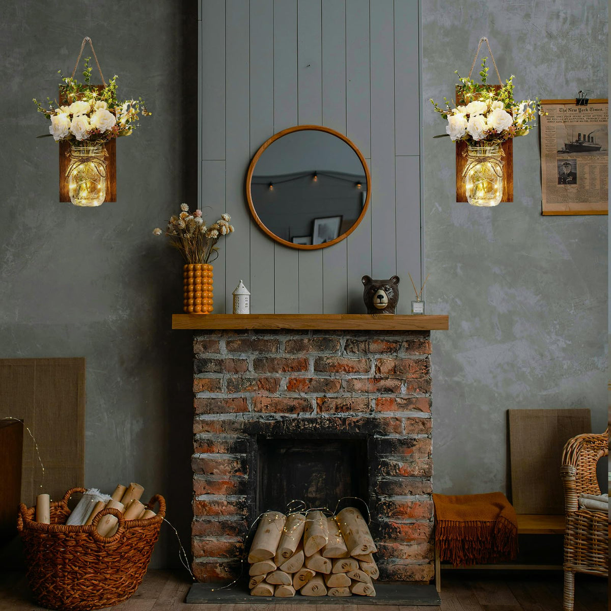 Lightess Wall Decor Mason Jar Sconces with Remote Control, Rustic Home Decor Wall LED Fairy Lights with White Rose, Farmhouse Wall Decorations Lights Set of Two for Dining Room Living Room