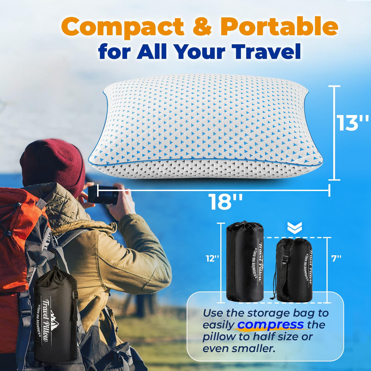 Small Cooling Shredded Memory Foam Pillow for Travel & Camping, Compressible Adjustable Gel Bed Pillow Washable Cover, Medium Firm Neck Lumbar Support, Ideal Sleeping,Car,Airplane,Toddler,Backpacking