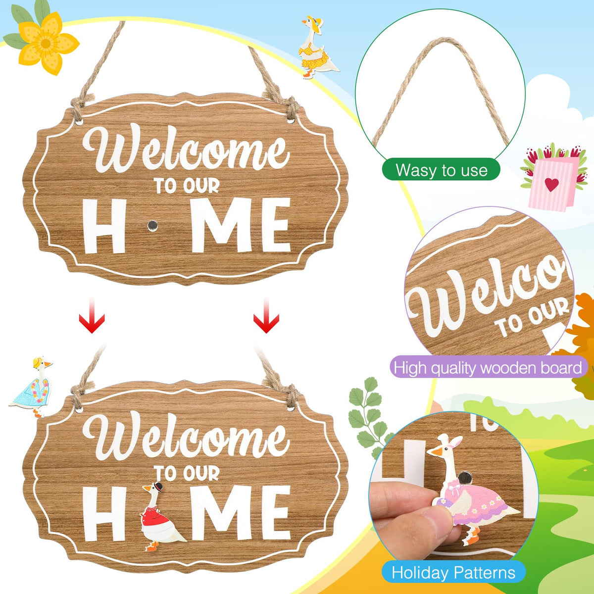 Memorywuu 16 Pcs Interchangeable Porch Goose Welcome Sign Seasonal Holiday Goose Sign with Wooden Holiday Geese Magnetic for 23"Cement Plastic Porch Geese Outdoor Statue Patio(Brown,Oval)