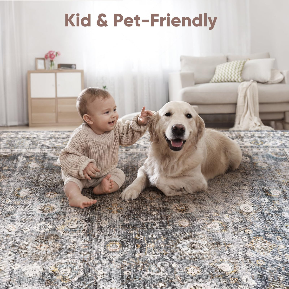 Rugcomf 8x10 Rug Washable Boho Rug Soft Large Area Rug Non-Slip Non-Shedding Faux Wool Vintage Rug for Living Room, Farmhouse, Dining Room, Indoor, Kids Playroom (Grey)