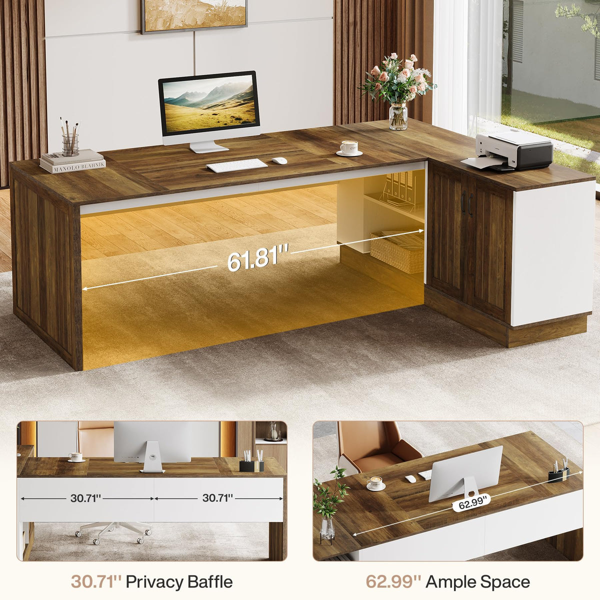 Tribesigns Executive Office Desk with File Cabinet, 79-Inch Modern L-Shaped Desk, Large Computer Table with Storage Cabinet and Open Shelves, Business Table for Home Office, Brown and White