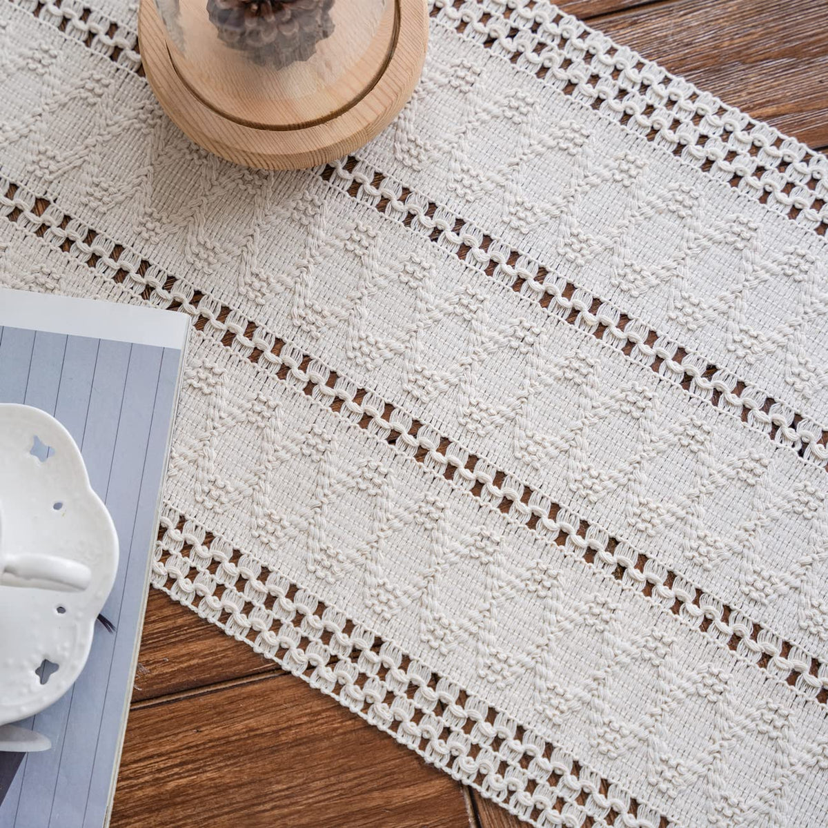 Alynsehom Macrame Table Runner Cream Beige Boho Table Runners with Tassels Hand Woven Cotton Table Runner Rustic Farmhouse Table Runners for Bohemian Kitchen Dining Table(12x71in)