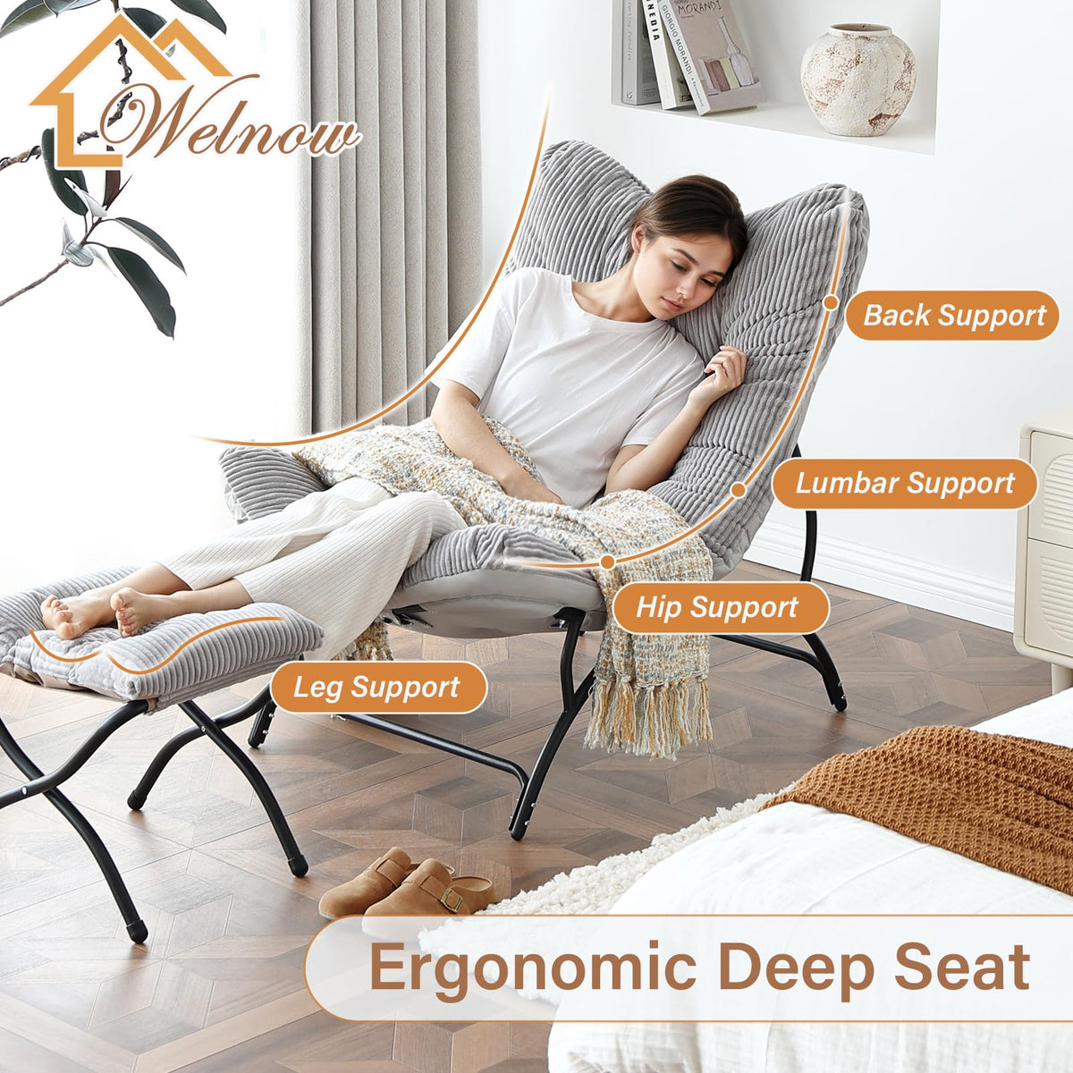 Welnow Accent Lounge Lazy Chair, Comfy Soft Leisure Metal Frame Reading Chair, Upholstered Thick Cushion Seated Recliner Sofa for Living Room, Bedroom, Dorm, Dark Green