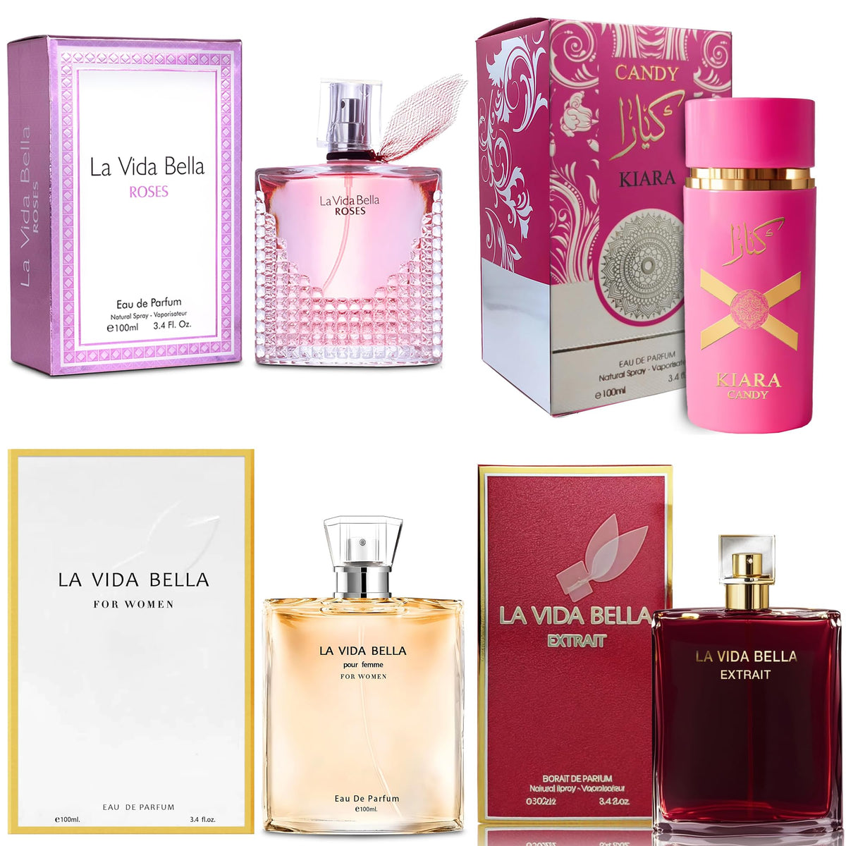 A CENTER 4PCS Perfume Set for Women - Floral Fragrance Gift Set with Vanilla,Sweet Fruity Eau De Parfume 3.4 Fl Oz Each(La Vida Bella,La Vida Bella Rose,La Vida Bella Ext,Ka Candy)