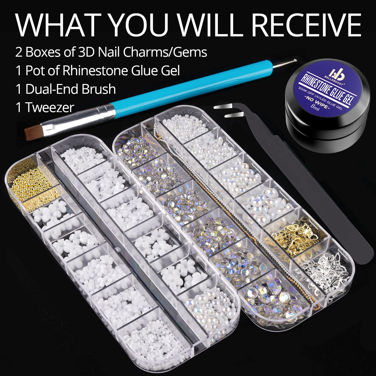 Mixed 3D Nail Art Gem Decoration Accessories Kit #6, Butterfly Starry AB Rhinestone Charm Jewelry for Deco, Pearl Flower Caviar Bead Stone Crystal with Dual-End Brush and Tweezer