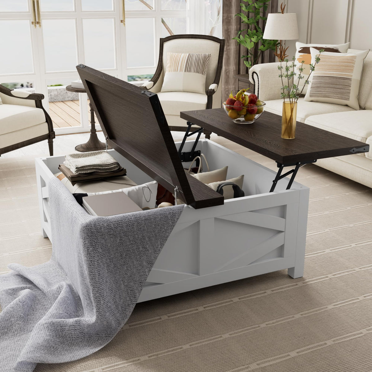 Buytime Farmhouse Lift Top Coffee Table with Storage, Wood Square Center Table with Charging Station, Living Room Table with Large Hidden Space, Rustic White
