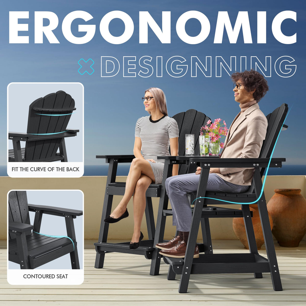 PatioPerk Tall Adirondack Chair Set of 2 with Double Connecting Tray, Recycled HDPE with Wood Grain, Weather Resistant, Outdoor Adirondack Chairs for Deck, Balcony, Patio, Backyard, Black