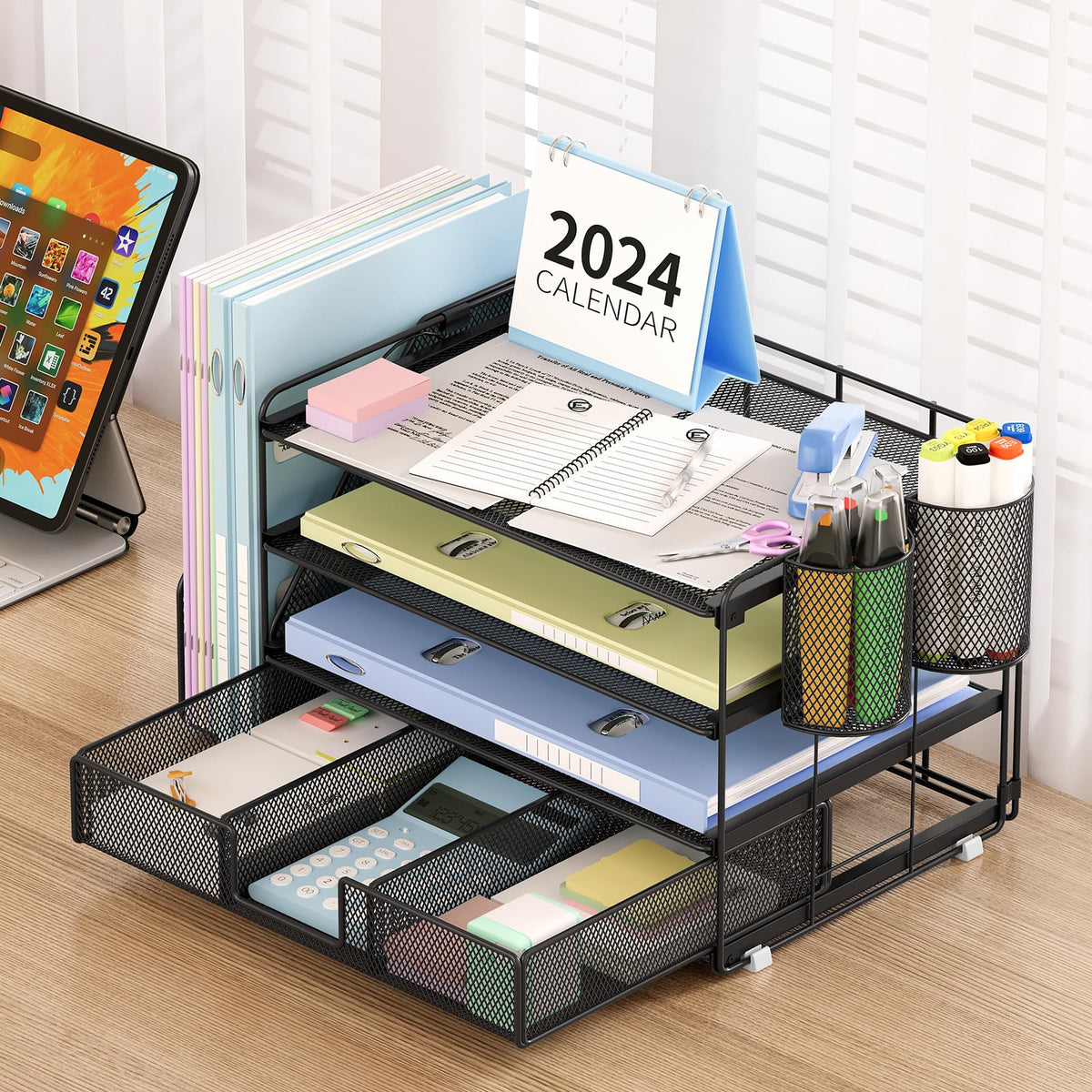 OPNICE Desk Organizer and Accessories, 4-Tier Desktop File Organizer with Drawer and 2 Pen Holders, Office Desk Accessories for Office Supplies(Black)