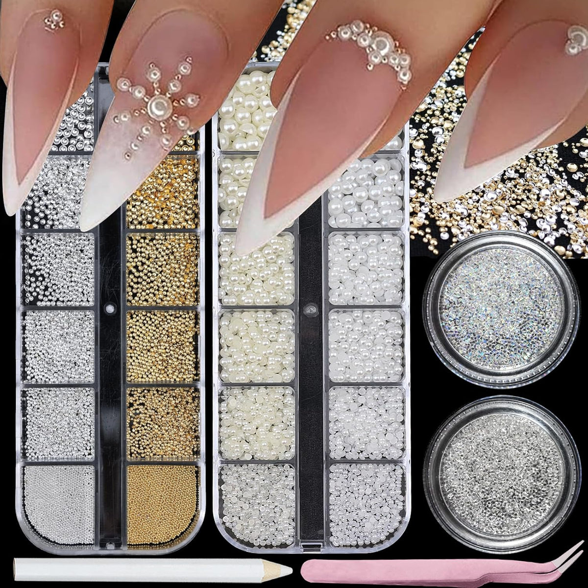 Nail Art Rhinestones with Pearls Flatback Pearls Nail Charms Luxurious Supplies Accessories Gold Silver Gems Jewelry Decorations for Women Manicure Design