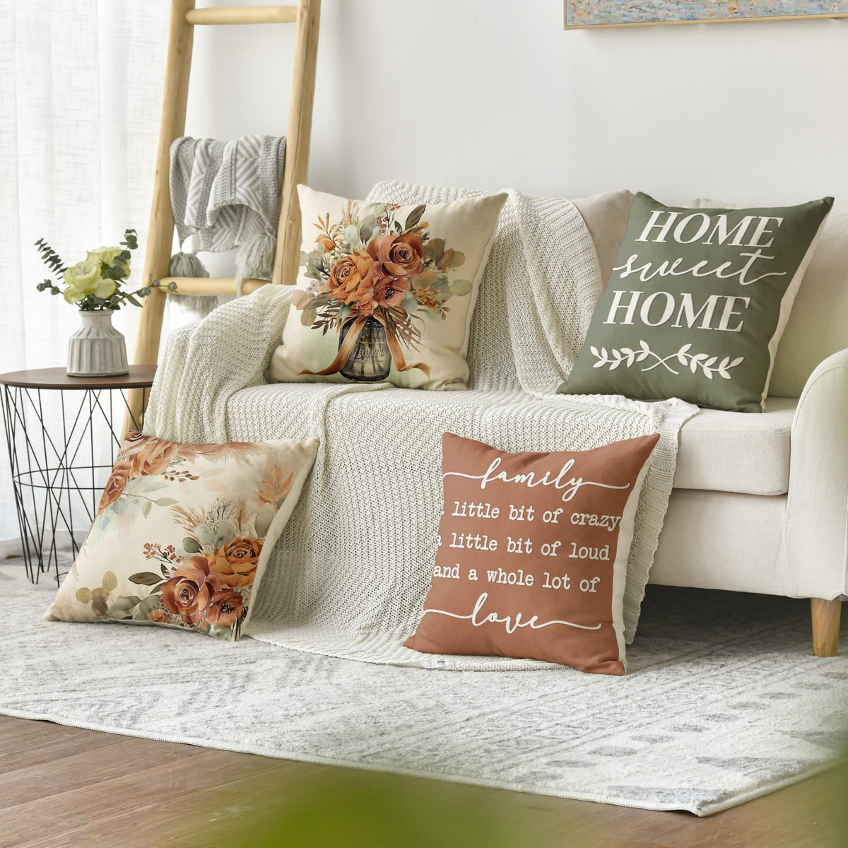 AVOIN colorlife Home Sweet Home Terracotta Sage Throw Pillow Covers, 18 x 18 Inch Seasonal Fall Eucalyptus Floral Motto Cushion Case for Sofa Couch Set of 4