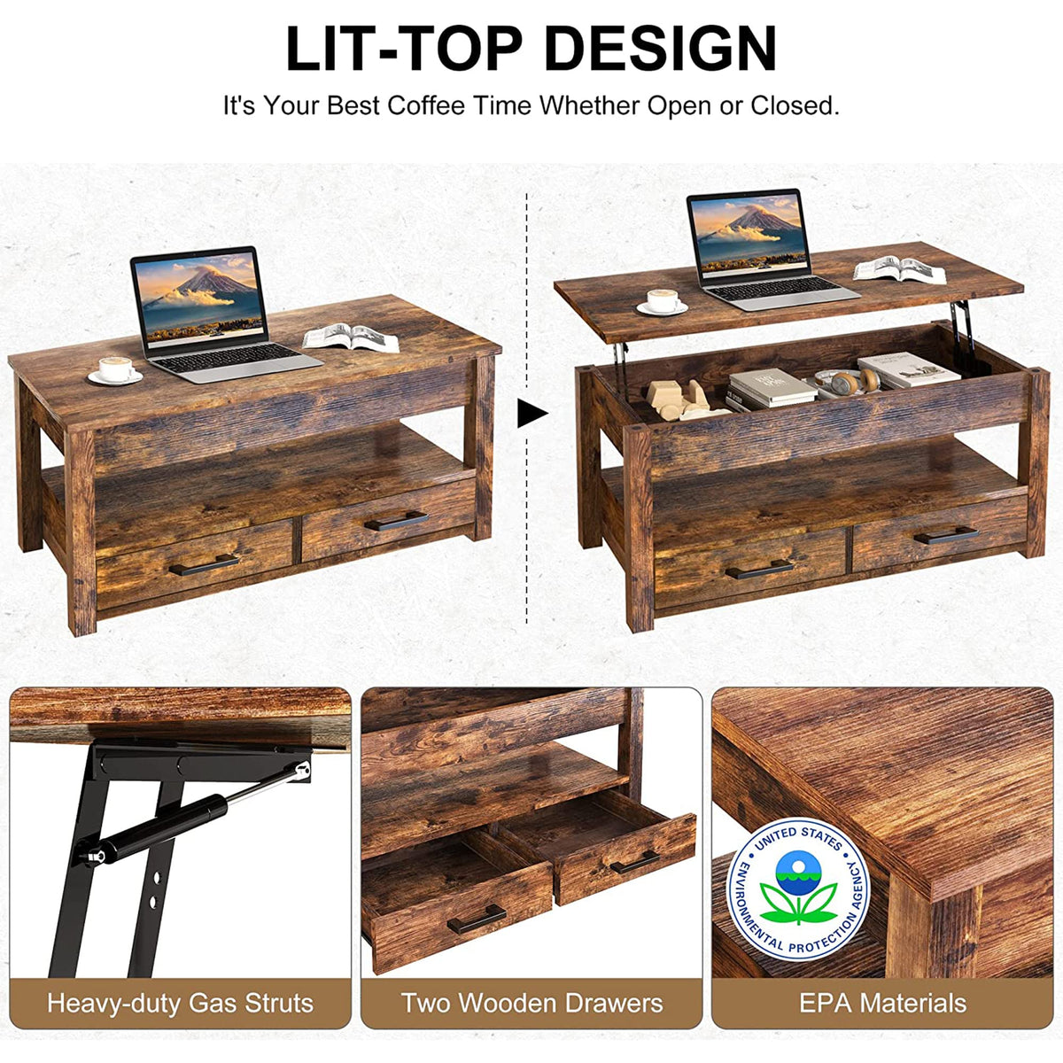 FABATO 41.7'' Lift Top Coffee Table with 2 Storage Drawer Hidden Compartment Open Storage Shelf for Living Room Dining Table Reception Room Rustic Brown
