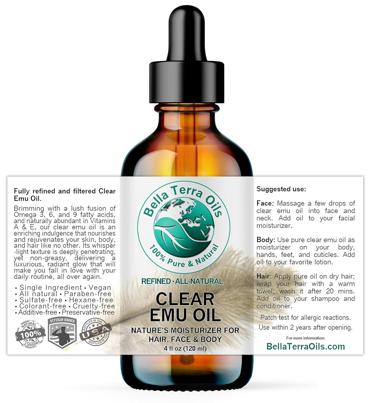Bella Terra Oils - Clear Emu Oil 4 oz - Dive into Australia's Beauty Secret, Packed with Essential Fatty Acids, Perfect for Silky Smooth Skin