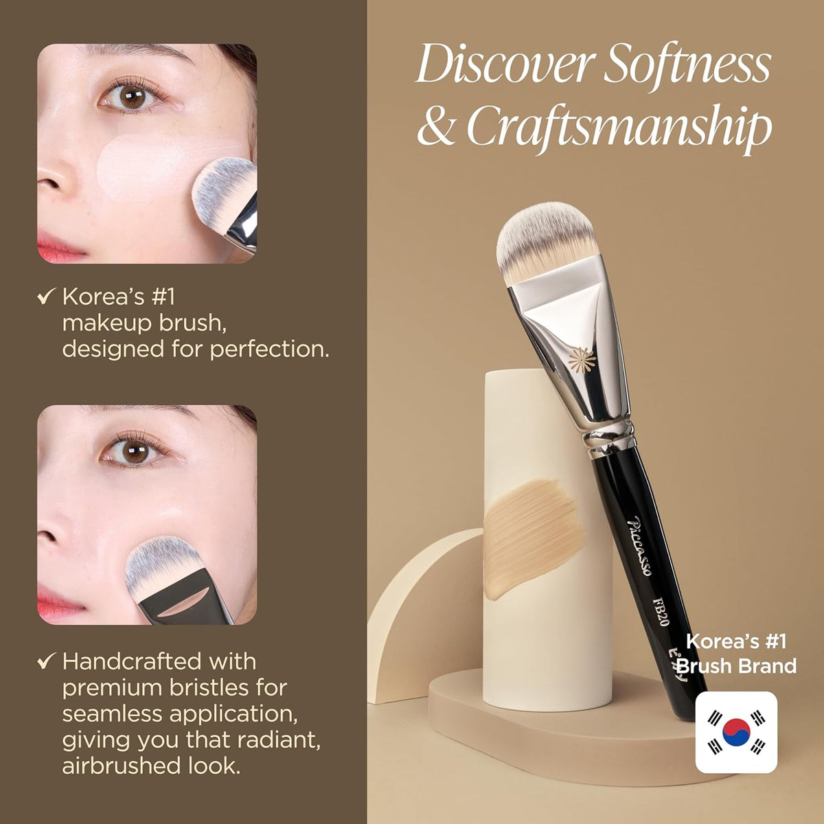 Piccasso FB20 Foundation Brush – Flat Makeup Brush for Liquid & Cream Foundation, Soft Synthetic Bristles for Seamless and High-Coverage Face Makeup, Professional Korean Beauty Tool for Daily Use
