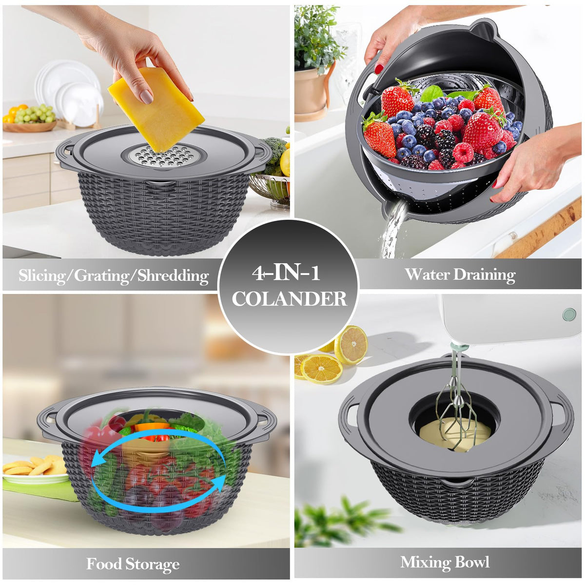 4-in-1 Colander with Bowl Set – Food Strainers and Colanders - Stainless Steel Rotatable Strainer for Fruits & Veggies – Pasta Strainer - Kitchen Essentials - Grey