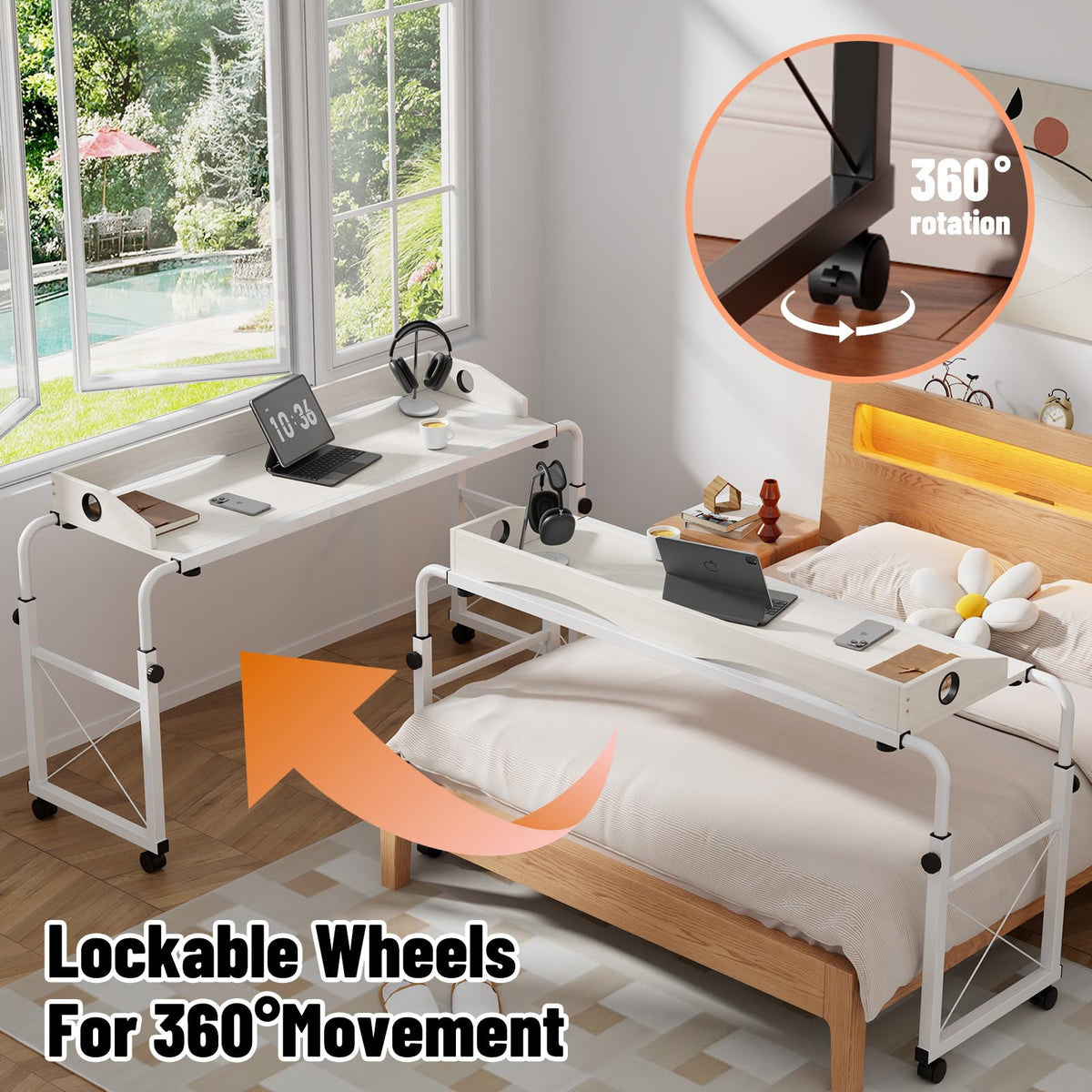 Overbed Table with Wheels, Overbed Desk with Adjustable Length and Height, Rolling Over Bed Desk, King Queen Over The Bed Table on Wheels, Heavy Duty Laptop Table for Hospital and Home (White, 1.2M)