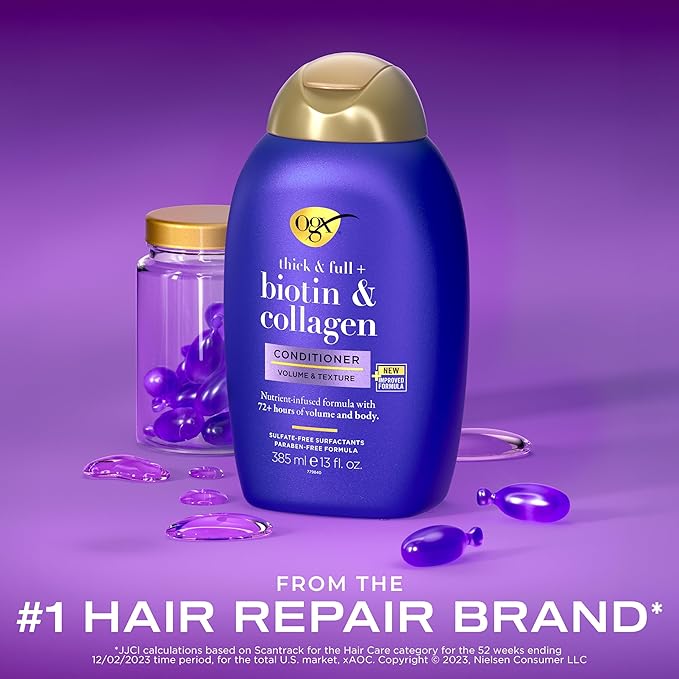 OGX Thick & Full + Biotin & Collagen Volumizing Conditioner, Nutrient-Infused Conditioner with Vitamin B7 Biotin Gives Hair Volume & Body for 72+ Hours, Sulfate-Free Surfactants, 13 fl. Oz