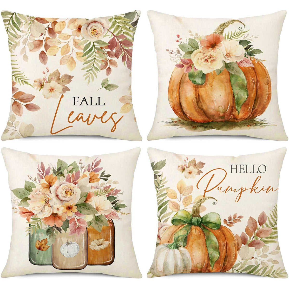NIGHTWISH Fall Pillow Covers 18x18 Set of 4 Thanksgiving Farmhouse Decorations Leaves Pumpkin Outdoor Fall Decor Throw Pillow Covers Floral Mason Jars Harvest Autumn Cushion Case for Sofa Couch