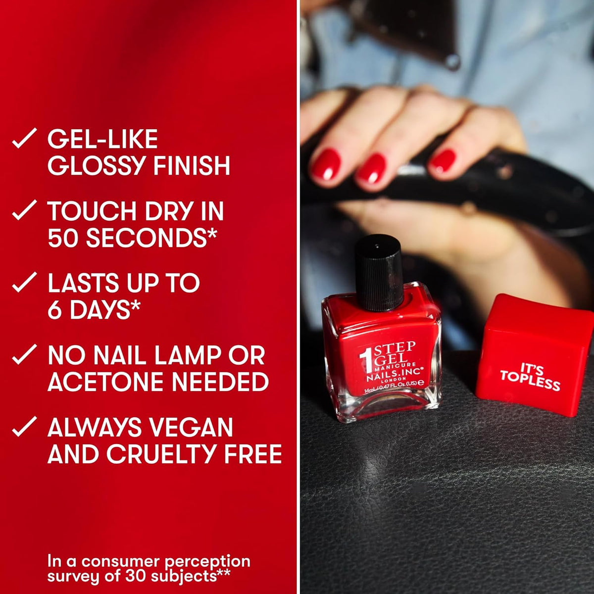 Nails Inc It's Topless Gel-Like Nail Polish, 4-in-1 Base Coat, Treatment, Color & Top Coat, Long Lasting, Strong, Chip Free Nails, Glossy Salon Quality Manicure, Air Dry, Kendall, 0.47 Fl Oz