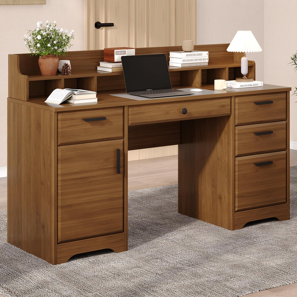 MaverickFurni 58 Inch Computer Desk with File Drawers, Executive Desk with Storage, Home Office Desk with Storage Cabinet for Bedroom, Rustic Brown