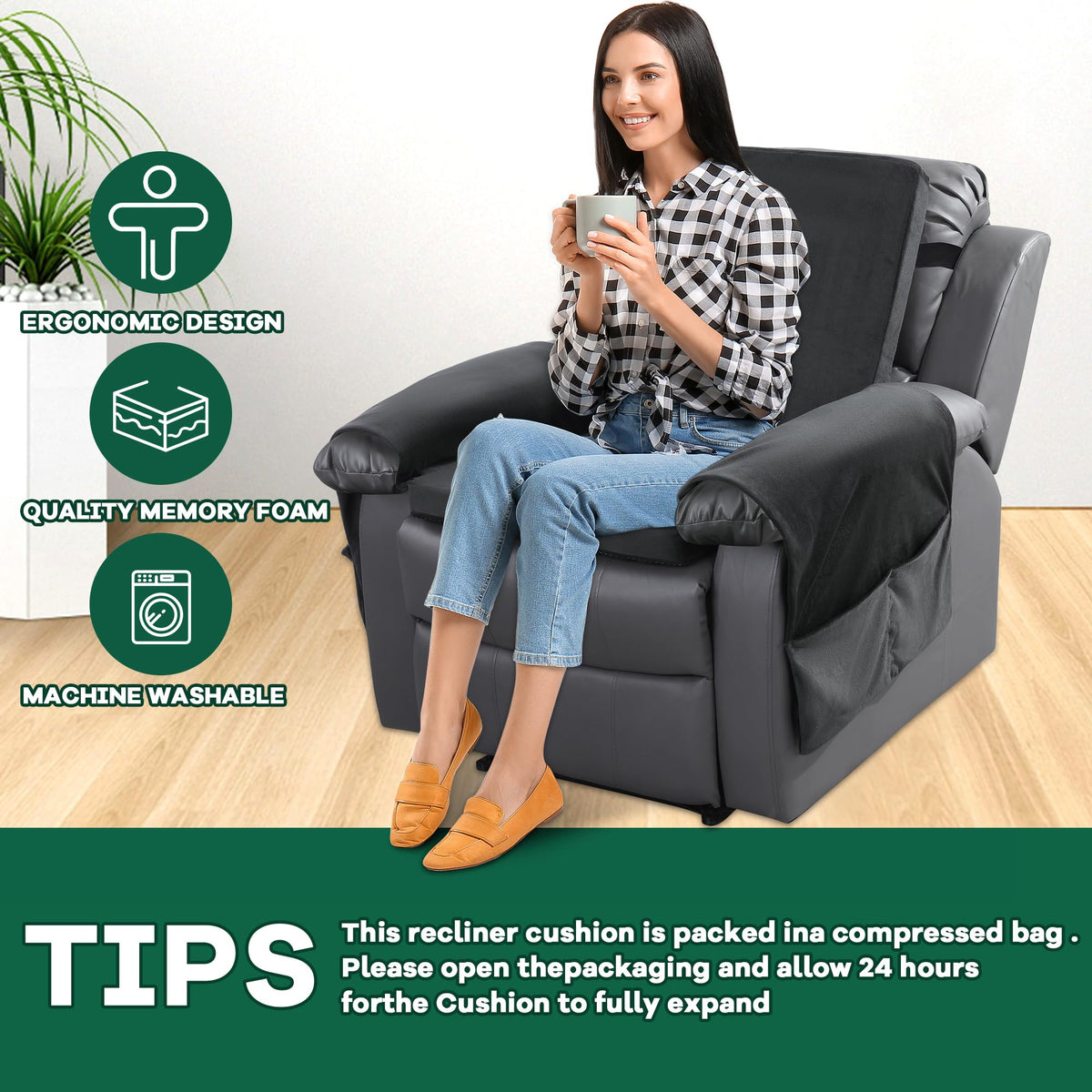 HOMBYS Recliner Chair Cushion for Elderly with Lumbar Support Pillow & Recliner Armrest Cover, 20"x20" Memory Foam Seat Cushion Non-Slip & Supportive, Machine Washable, Black