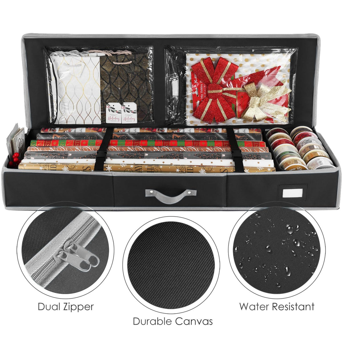 Hearth & Harbor Wrapping Paper Storage Container - Christmas Storage Bag with Interior Pockets - Gift Wrapping Organizer Storage Fits Up to 22 Rolls of 40" - Tear Proof Wrapping Paper Organizer