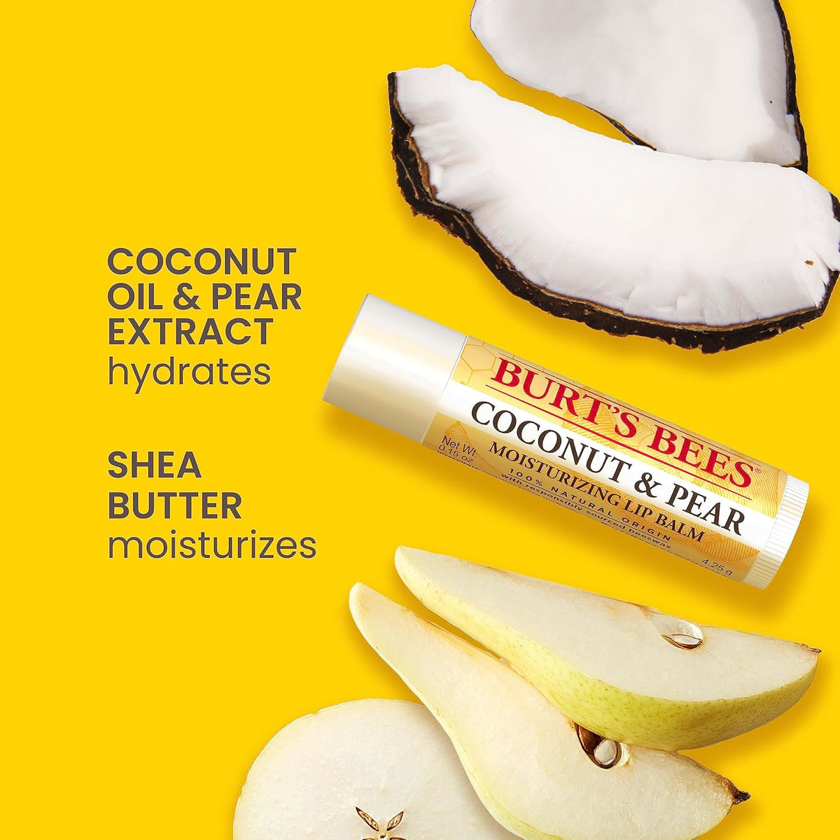 Burt's Bees Lip Balm, Beeswax, Strawberry, Coconut and Pear, and Vanilla Bean Pack, With Responsibly Sourced Beeswax, Tint-Free, Natural Lip Treatment, 4 Tubes, 0.15 oz.