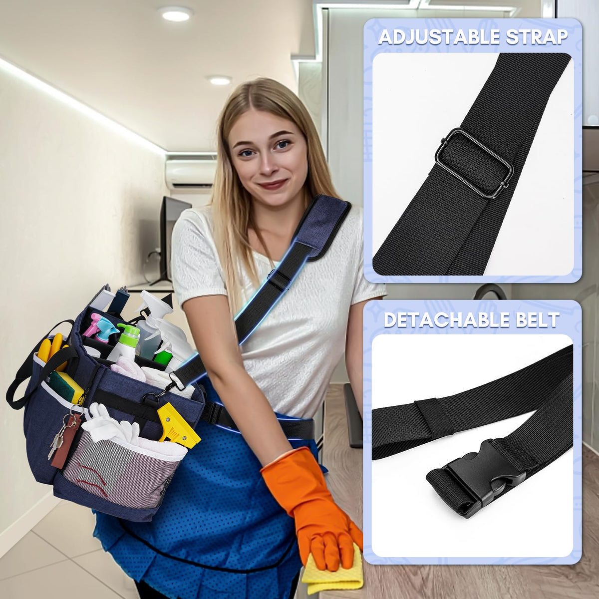 Ytonet Wearable Cleaning Caddy Bag, Large Cleaning Supplies Organizer with 4 Foldable Dividers, Kitchen Caddy Organizer with Handle & Adjustable Shoulder Straps for Cleaners & Housekeeper, Blue