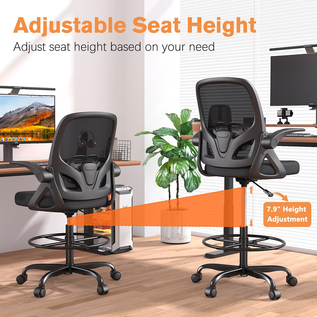 ORRSAKER Tall Drafting Chair with Lumbar Support and Footrest Ring, Supportive Tall Extended Height Ergonomic Desk Chair for Home Work, Breathable Mesh Office Chair with Flip up Arms(Black)