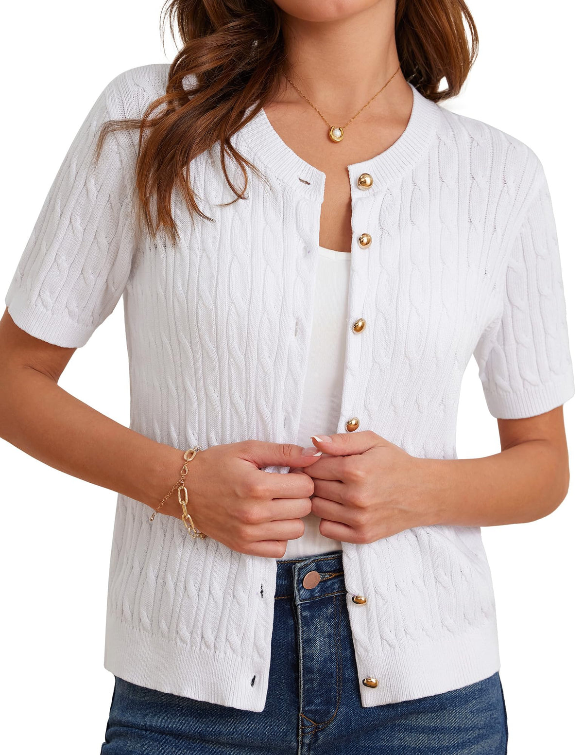 GRACE KARIN Women's Short Sleeve Sweater Cardigan Button Up White Sweater Cable Knit Soft Dressy Cardigan M