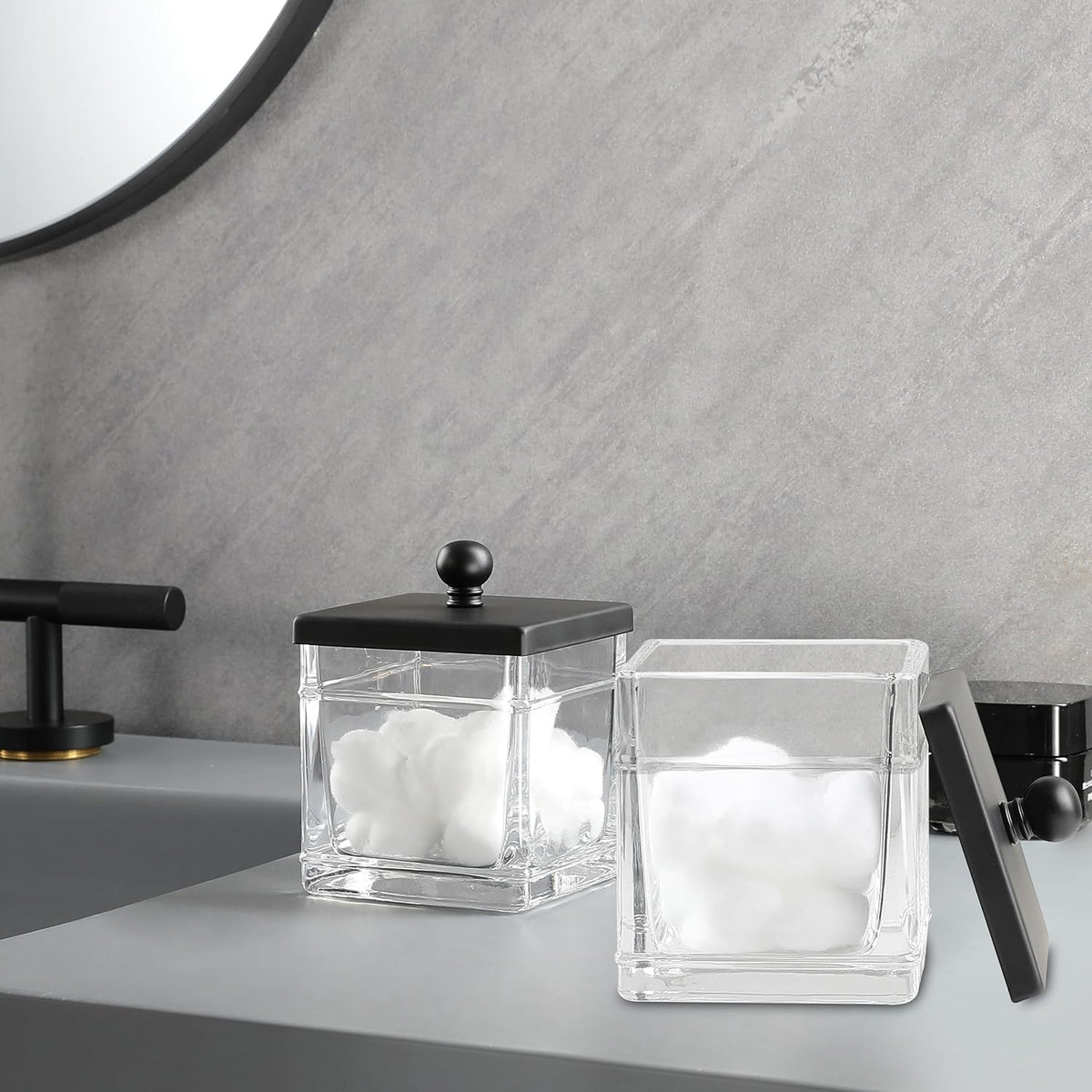 Glass Cotton Jar Holder 2 Pack– Matte Black Lid, Elegant Bathroom Storage Canister for Qtips, Cotton Balls, Floss, Makeup Organizer, Vanity & Bathroom Organization