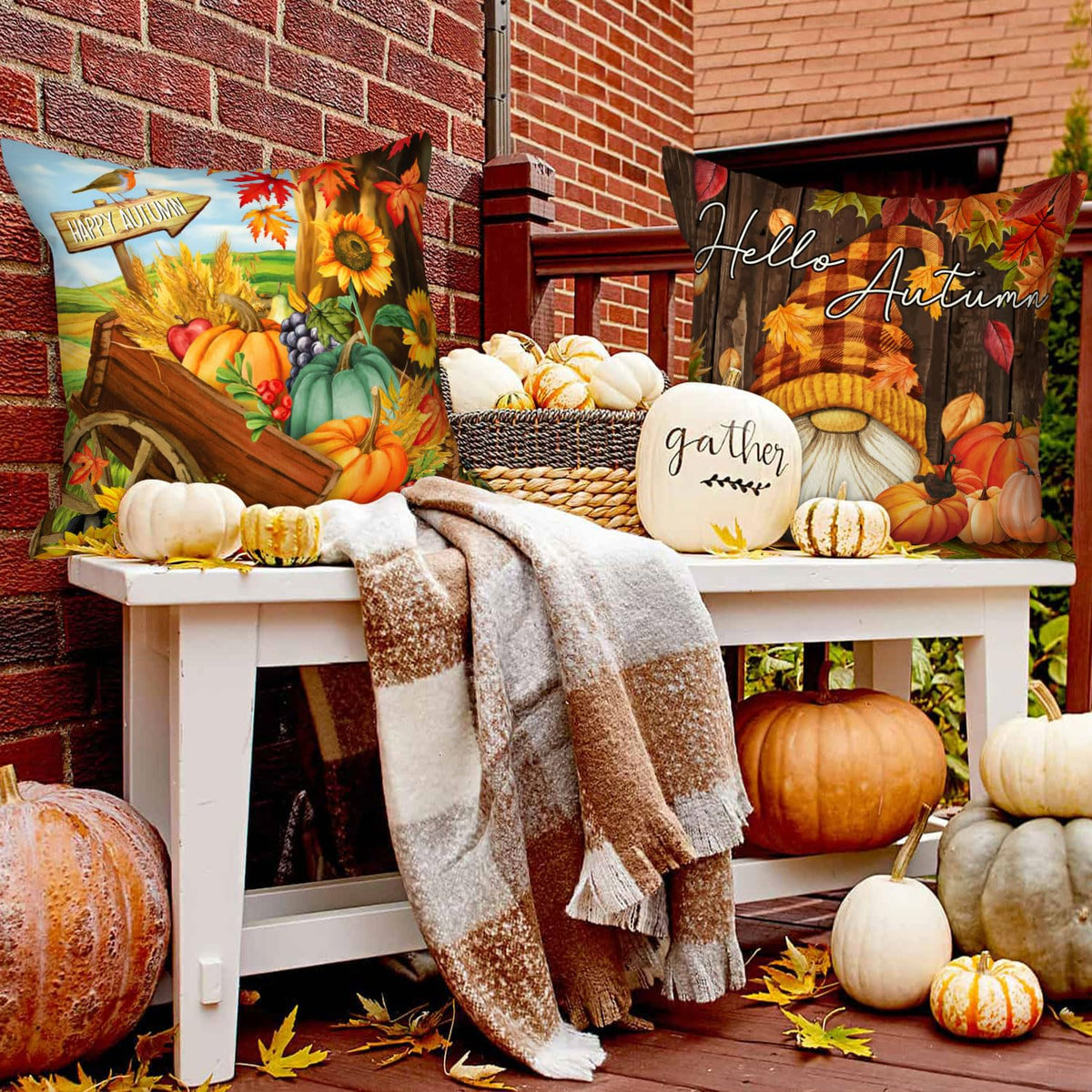 Ywlake 18x18 Fall Pillow Covers Set of 4, Pumpkin Gnomes Decorative Holiday Pillow Case 18 Inch Autumn Cushion Covers Thanksgiving Pillowcase for Indoor Home Bedroom Couch Sofa Decor
